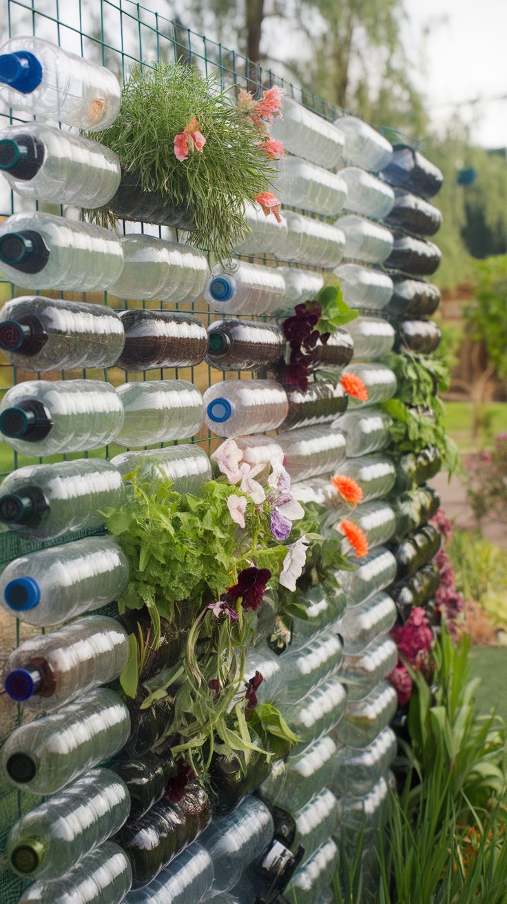 Vertical garden made from recycled bottles attached to a fence, featuring various flowers and herbs.