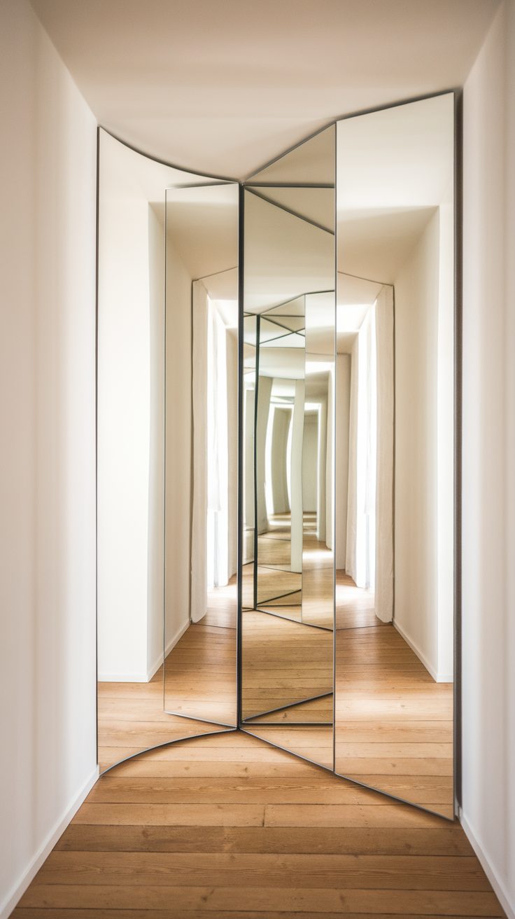 A hall featuring multiple asymmetrical mirrors creating a unique visual effect