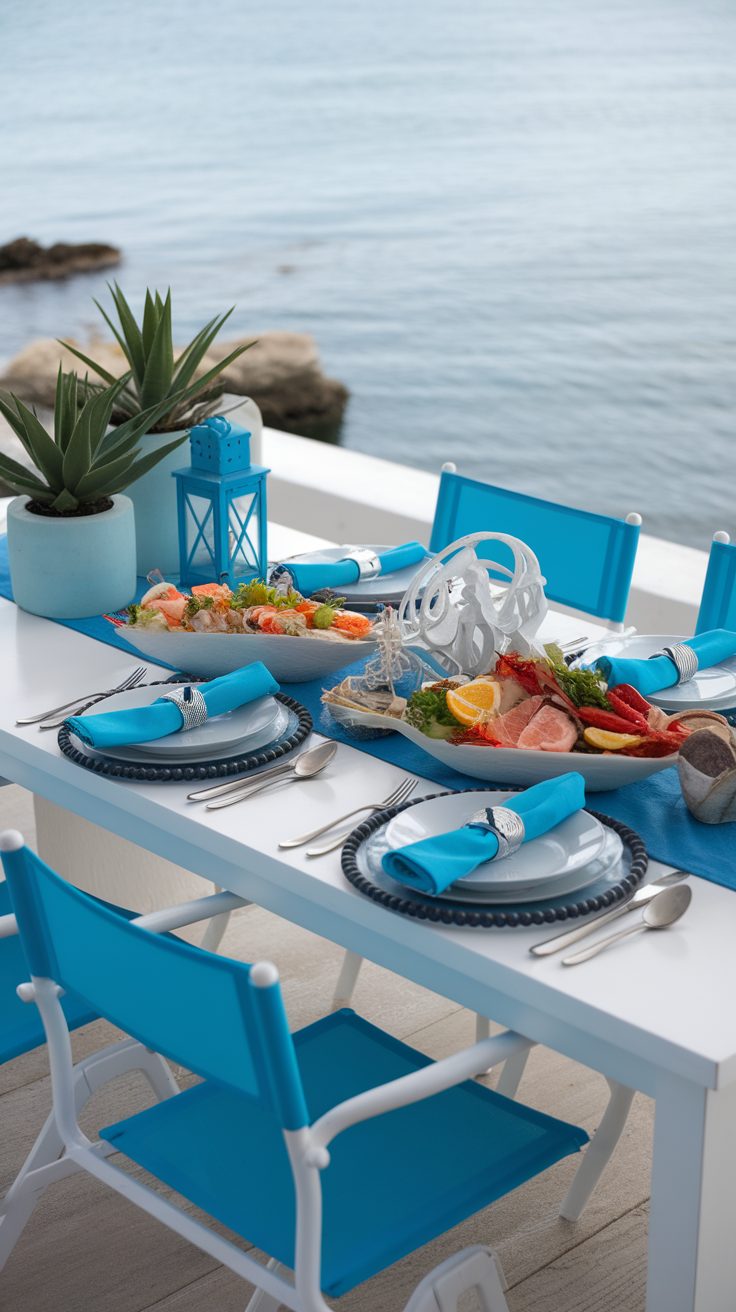 A beautifully set dining table by the sea featuring blue linens and seafood dishes.