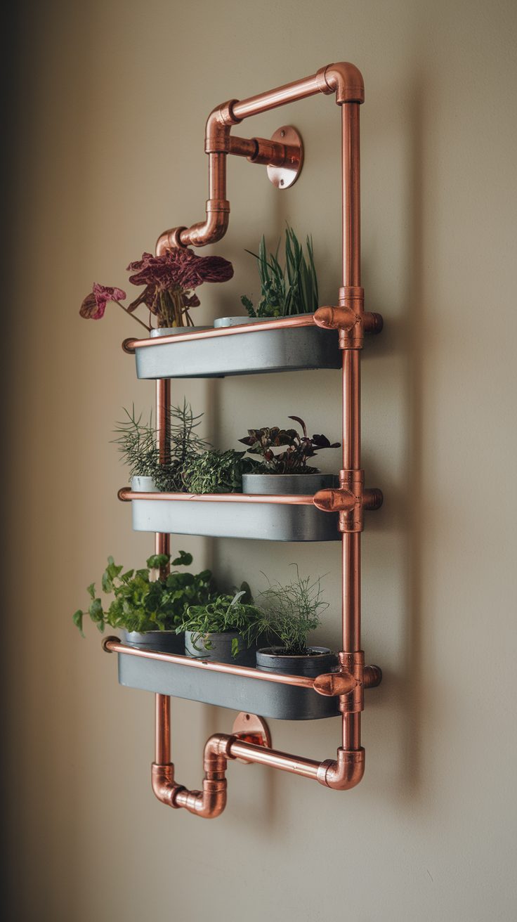 A vertical copper pipe shelving unit with various flowers and herbs planted in metal containers.