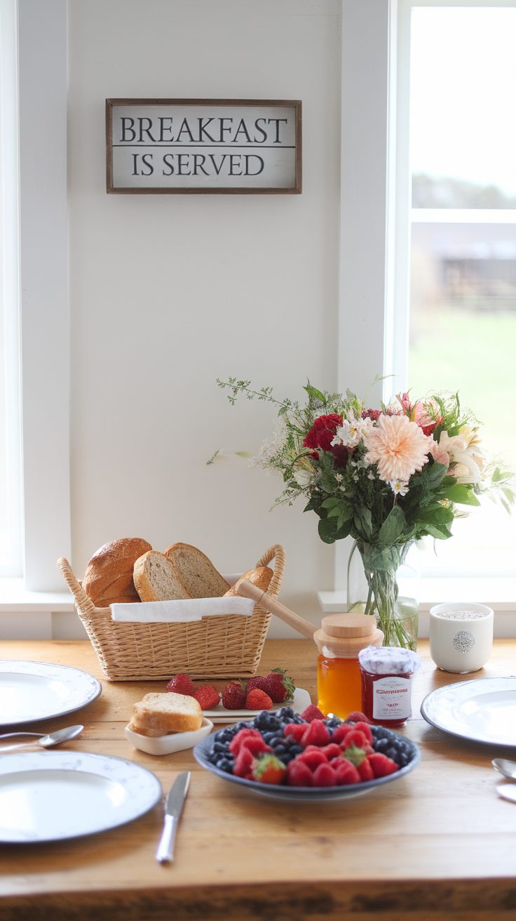 A rustic breakfast table with bread, berries, and flowers in a sunny nook.