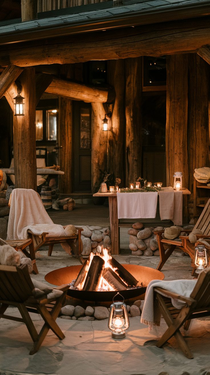 A log cabin with a stone chimney provides warmth as a table near the firepit is styled with plaid blankets, warm drinks, and glowing lanterns.