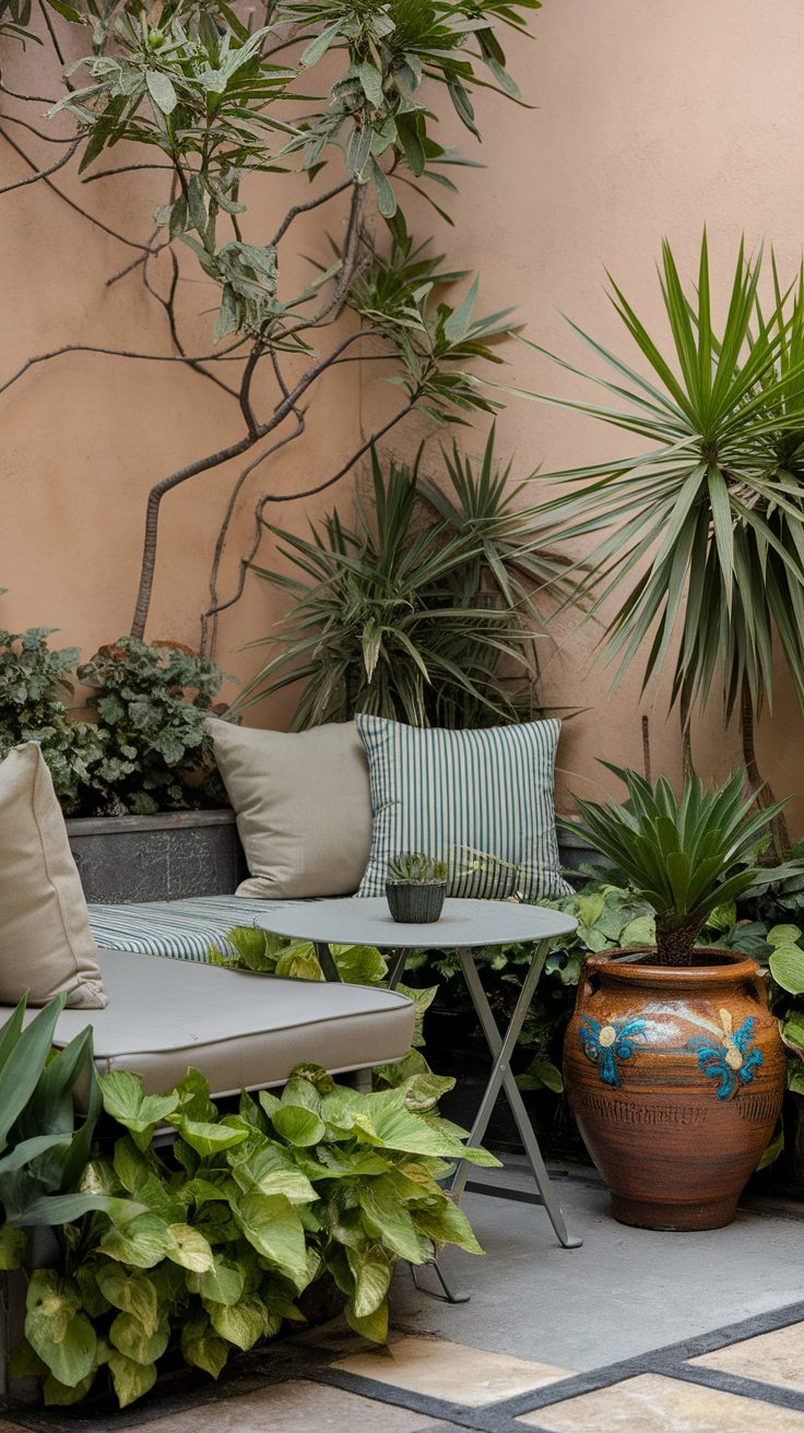 Cozy seating area in a corner garden with plants and cushions.