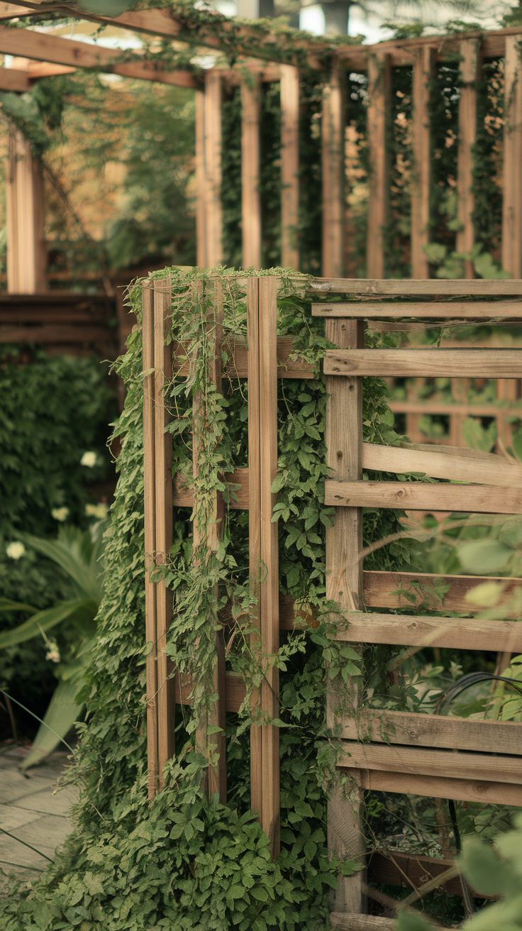 Wooden dividers in a garden with vines growing through them.