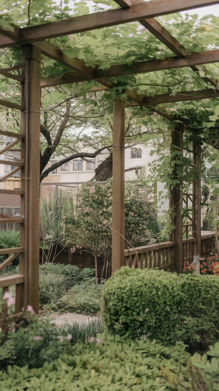 Wooden garden divider with vines growing through it, surrounded by lush greenery.