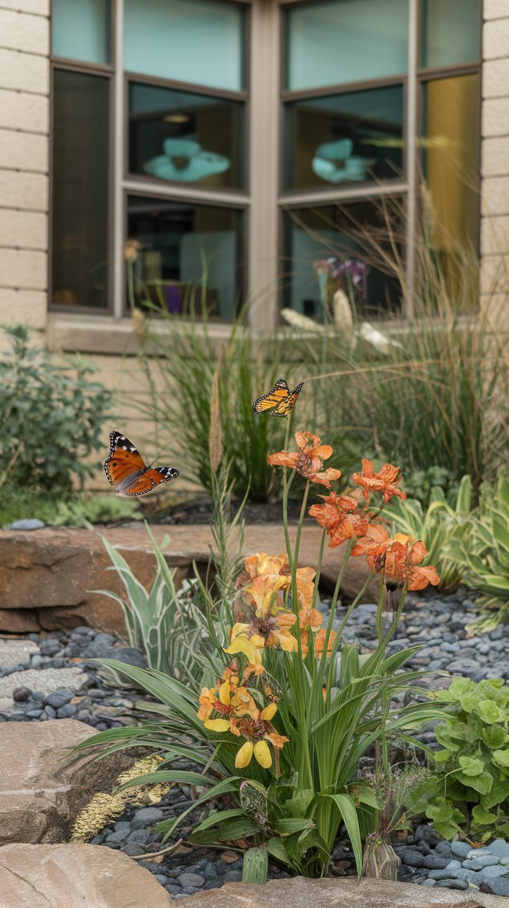 A corner garden featuring lavender and other plants with a bench in the background.