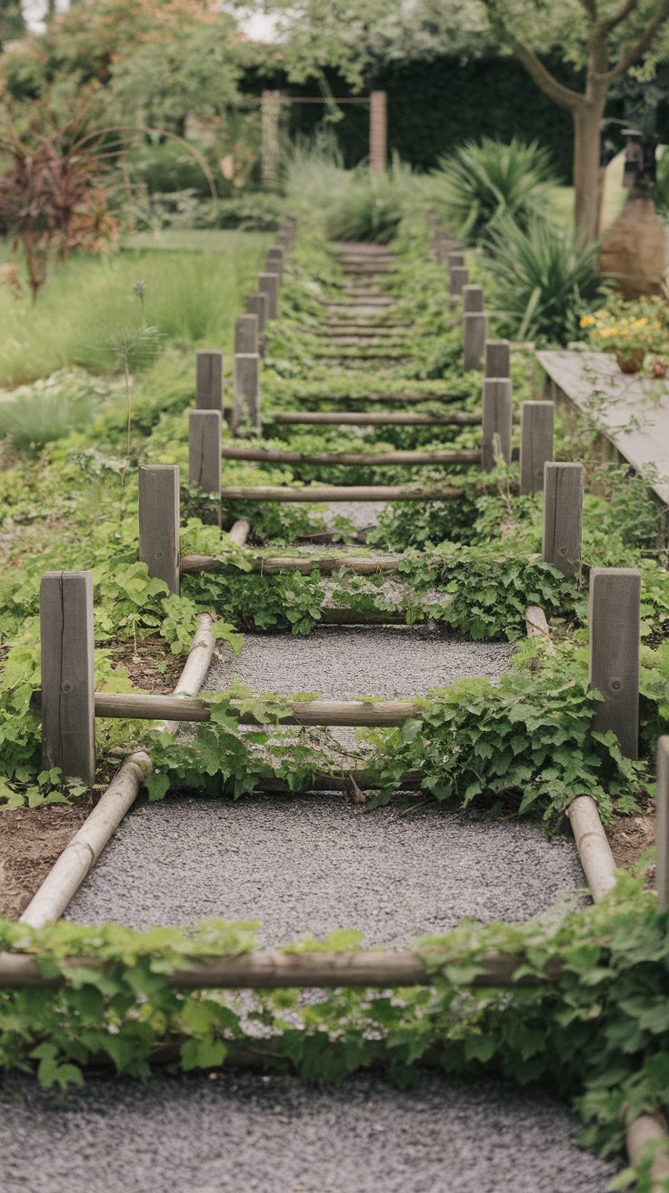 Wooden dividers creating a pathway in a garden, with vines growing through them.