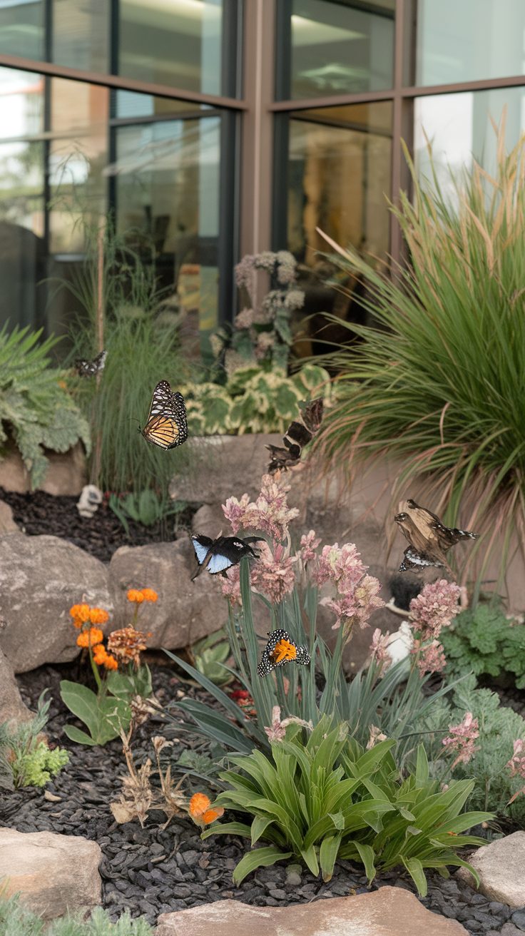 A charming garden statue of a cherub amidst colorful flowers in a corner garden.