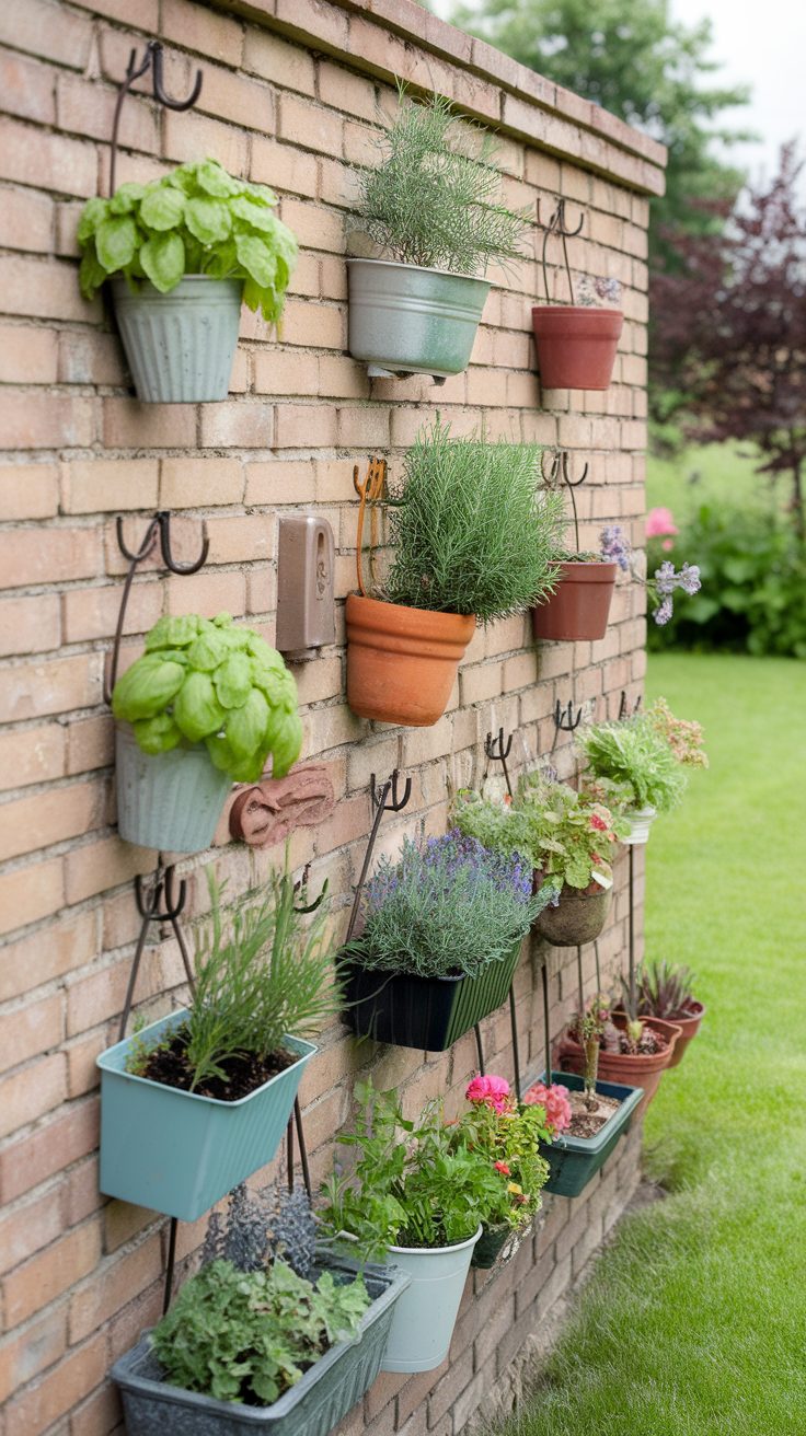 Wall with various potted herbs and flowers hanging on hooks.