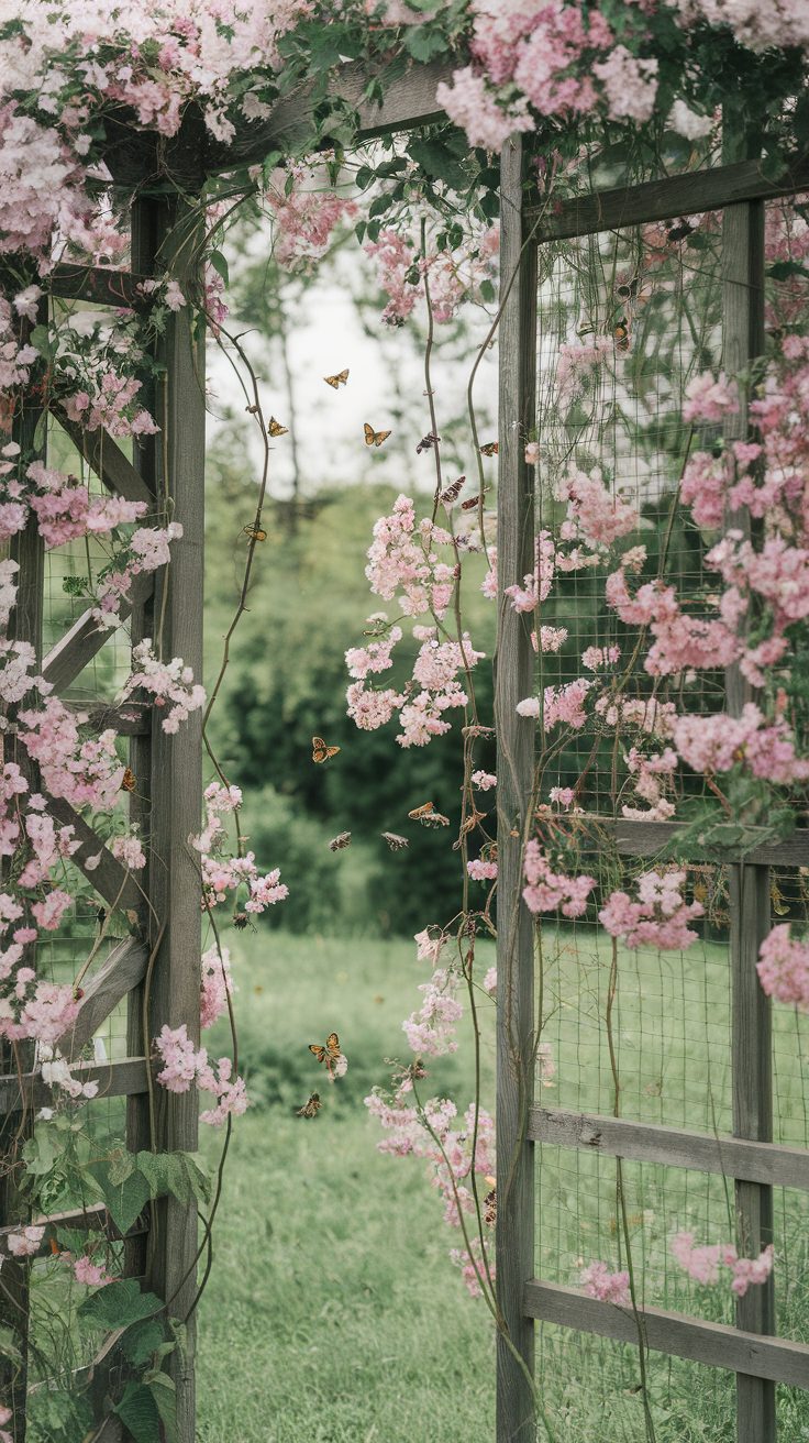 A wooden divider covered with pink flowering vines and butterflies fluttering around.