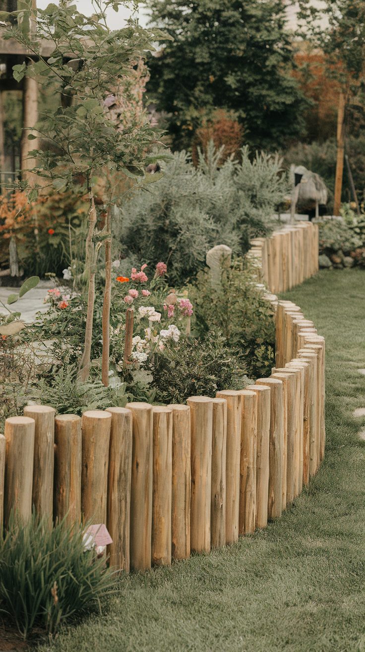 A curved wooden divider in a garden with various plants and flowers