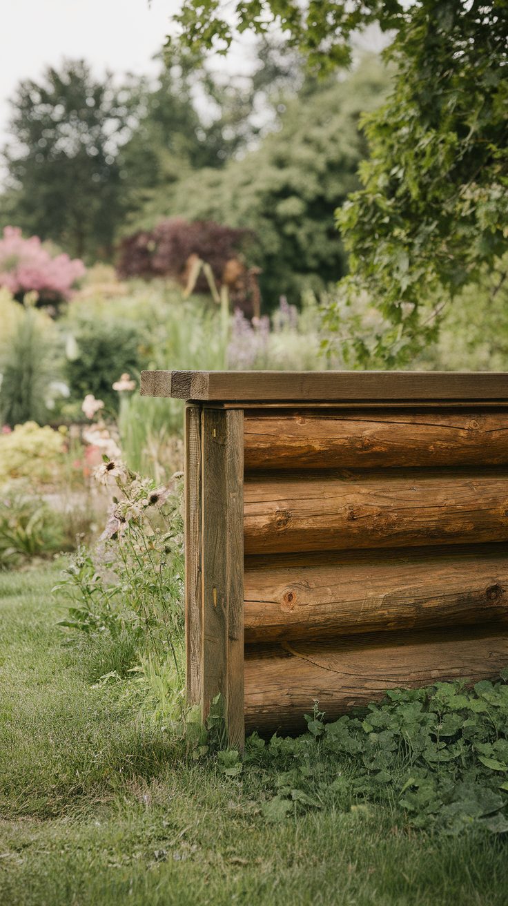 Wooden garden divider with plants growing around it