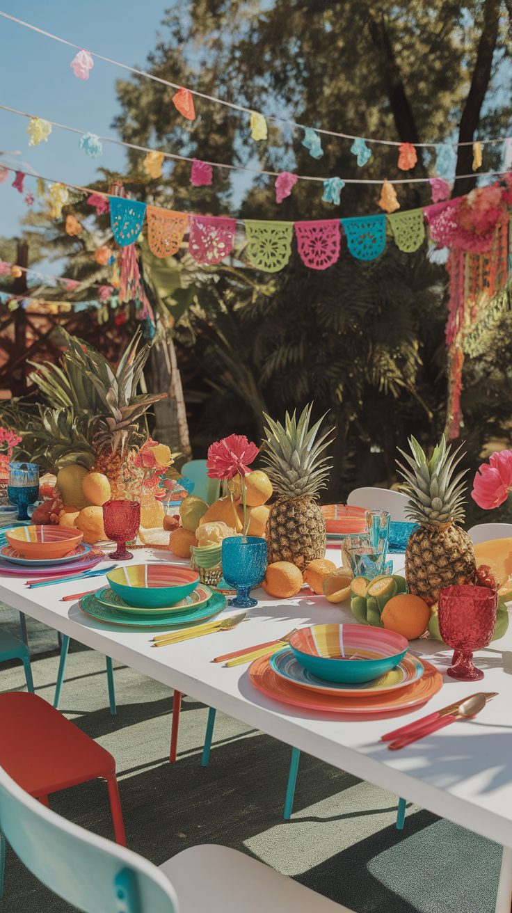 Colorful outdoor tablescape with vibrant dishes and fresh fruits