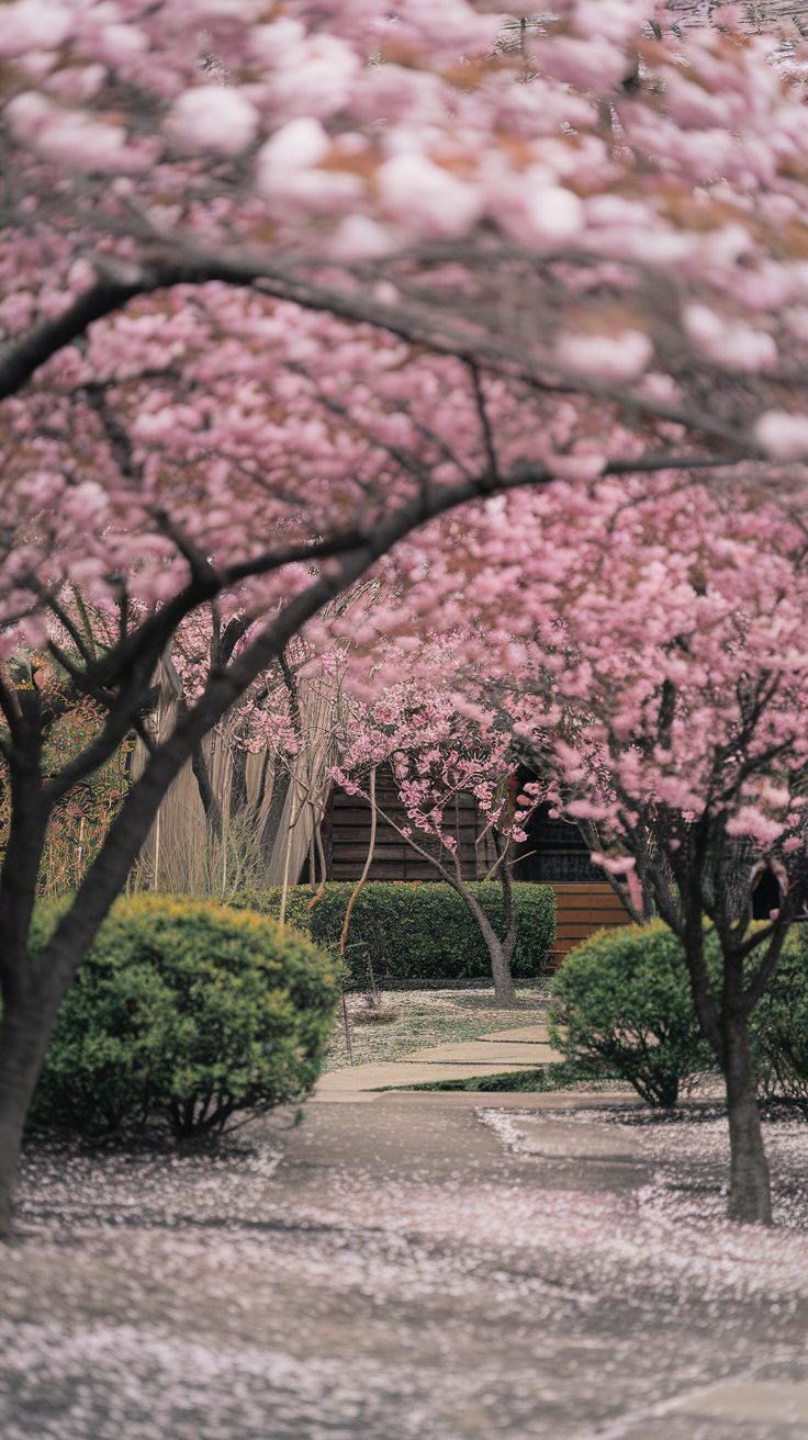 A serene view of flowering cherry blossom trees in a Japanese garden