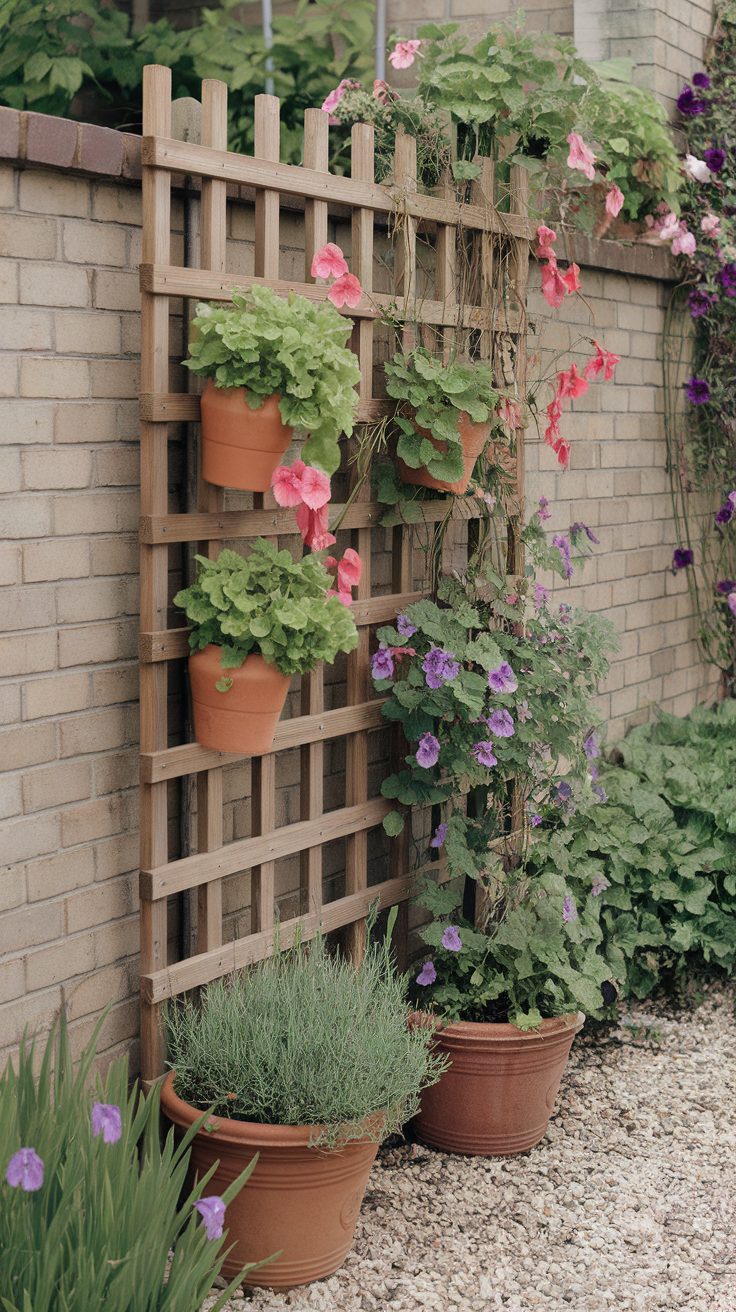 Wooden trellis with potted flowers in a garden setting