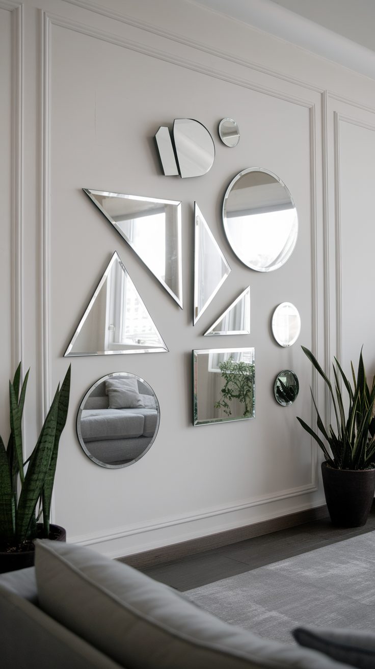 A collection of mirrors in various geometric shapes on a wall, surrounded by indoor plants.