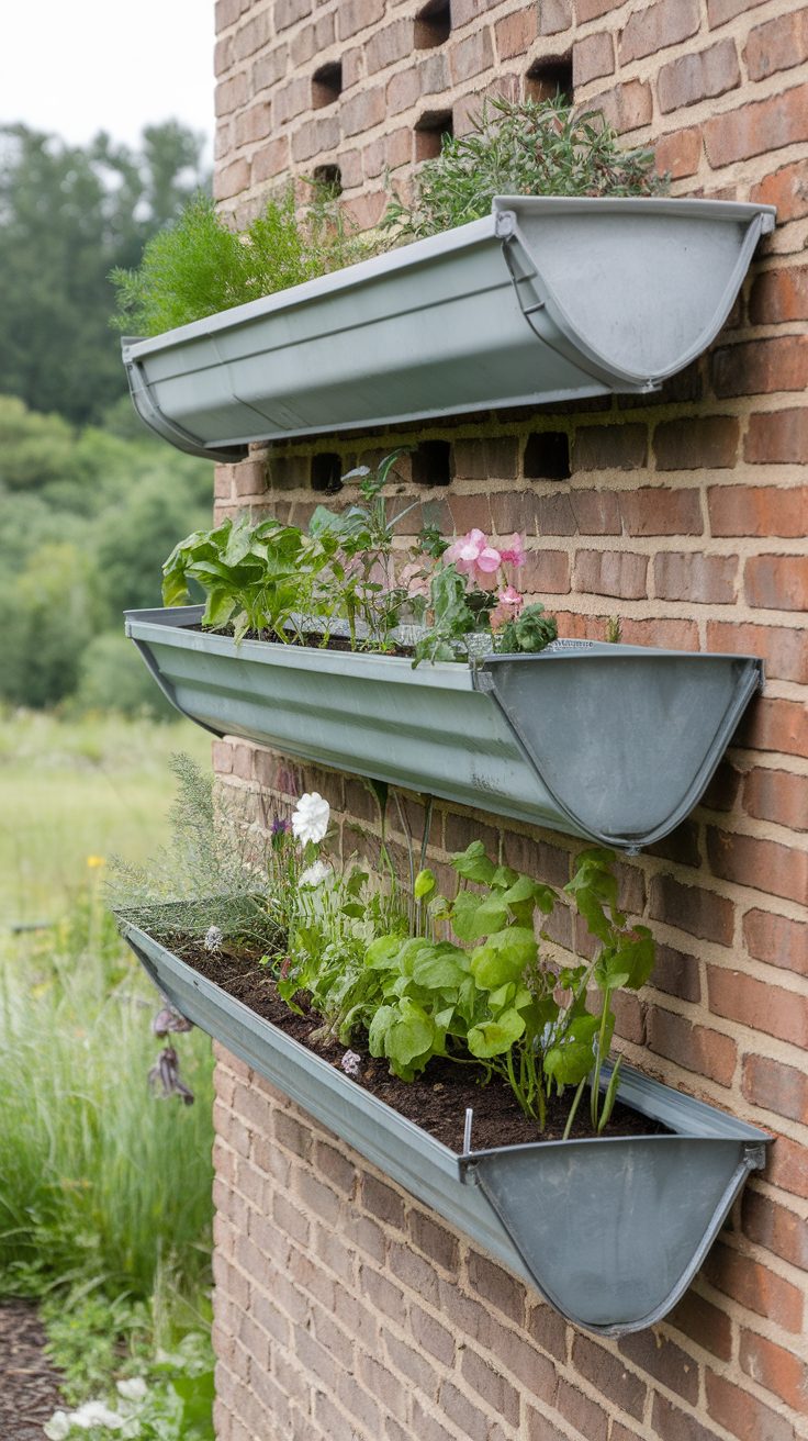 Three metal gutters mounted on a brick wall, filled with various herbs and flowers.