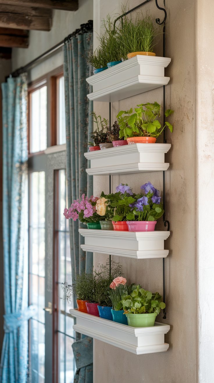 Colorful tiered shelves with various flowering plants and herbs arranged in pots