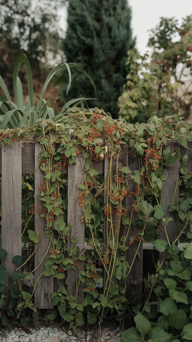 Wooden dividers covered with climbing vines and berries in a garden.