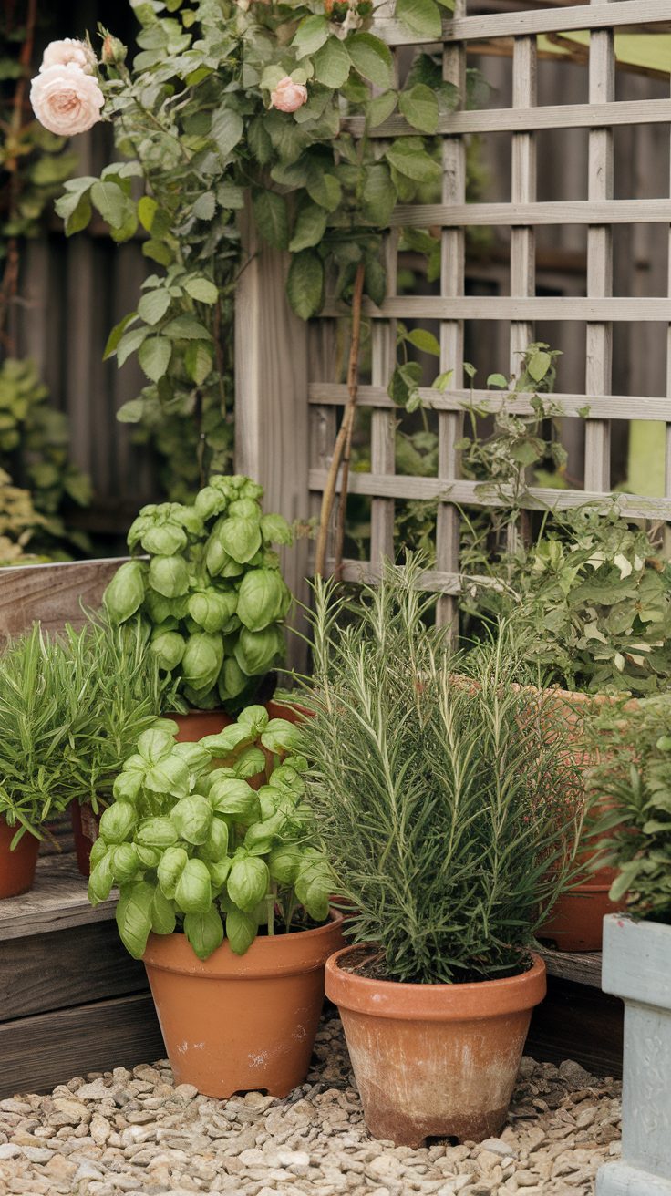 A corner garden featuring potted herbs like basil and rosemary beside a wooden trellis.