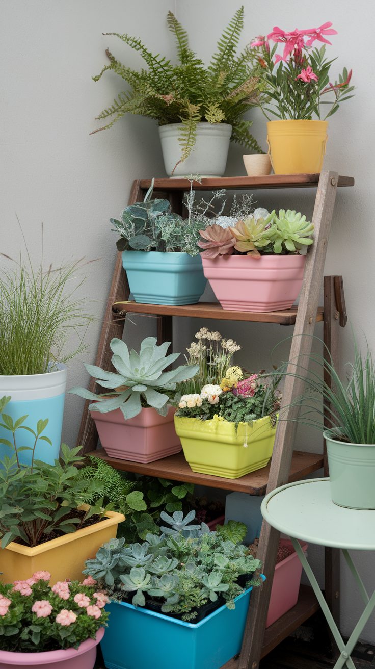 A vibrant display of container plants on a wooden ladder, featuring various colorful pots with flowers and succulents.