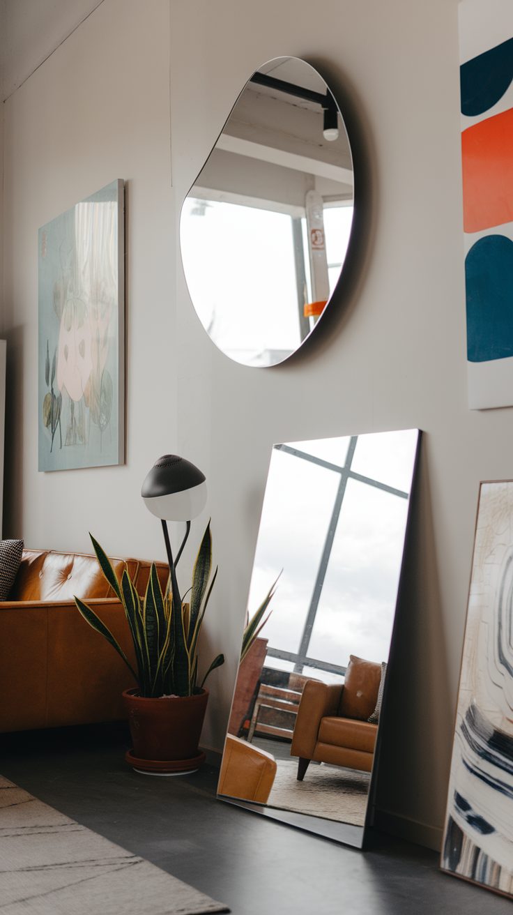 A stylish room featuring an asymmetrical mirror above a couch, with a large floor mirror and indoor plants.