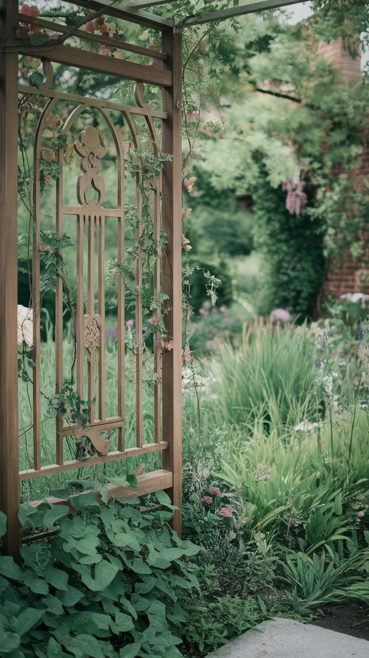 A wooden garden divider with vines growing through it, surrounded by lush greenery.