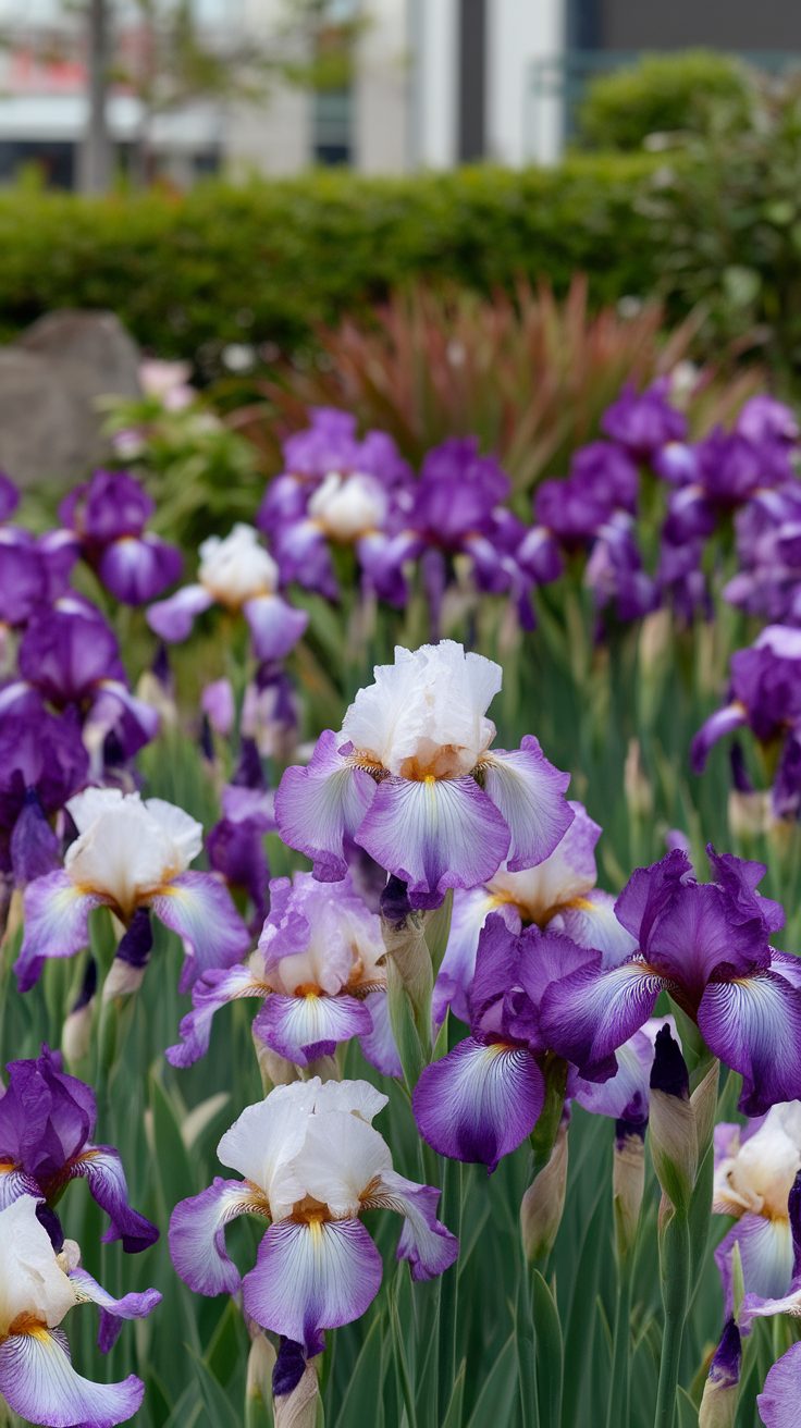 A vibrant display of Japanese irises in various shades of purple and white