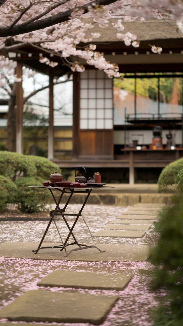 A wooden table in a Japanese tea garden with tea sets, bamboo mats, and cherry blossoms.