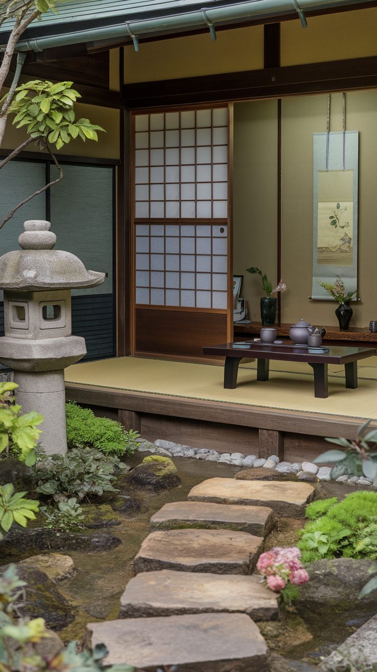 A traditional Japanese tea house with a stone lantern and stepping stones leading to a serene garden.