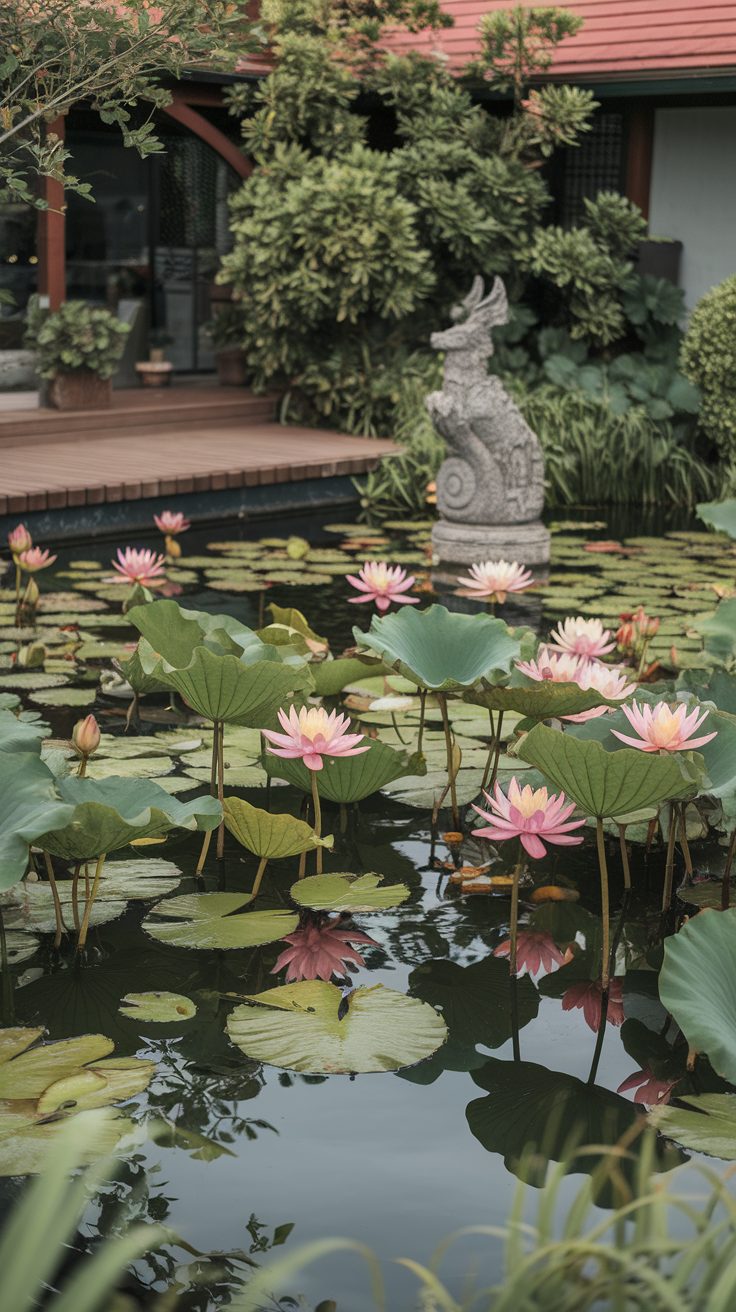 Koi pond with pink lotus flowers and lush greenery surrounding it.