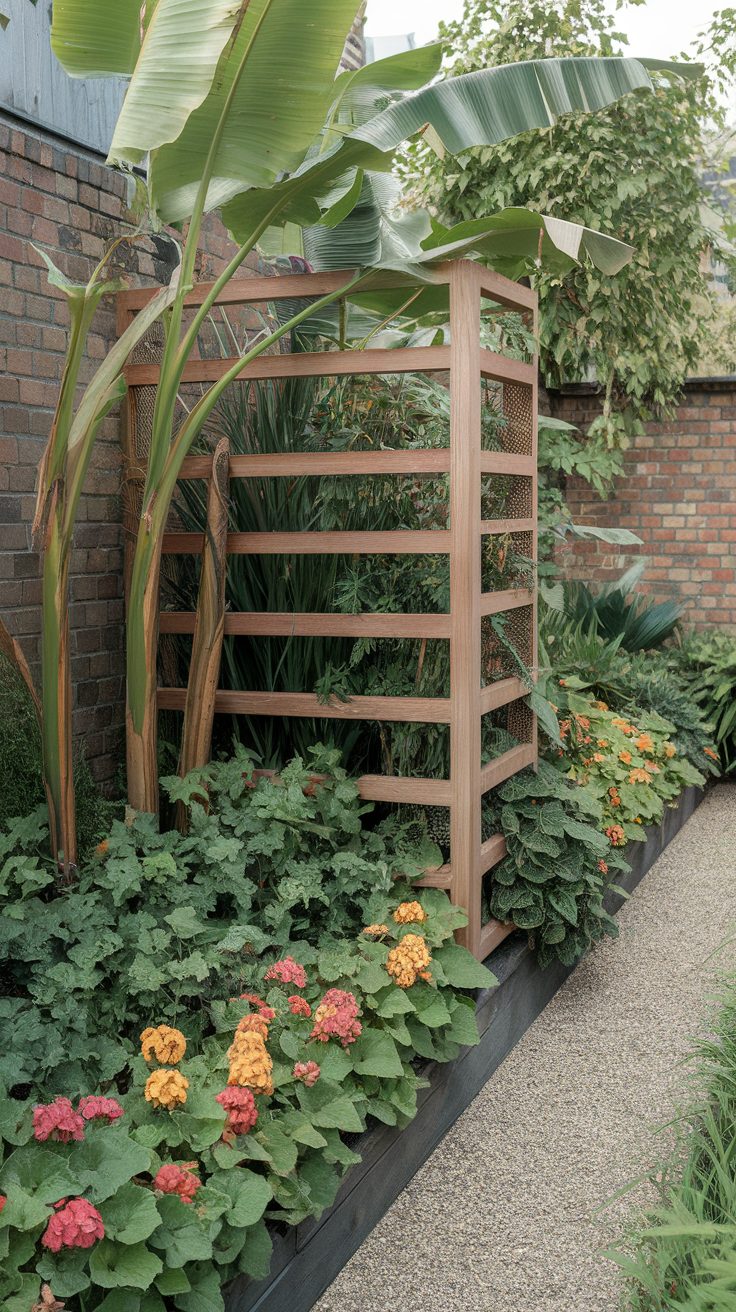 A garden with wooden dividers showcasing plants of different heights, including flowering plants and tall foliage.