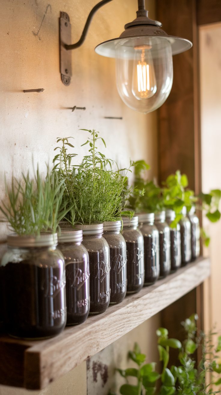 A shelf with mason jars filled with soil and various herbs growing from them.