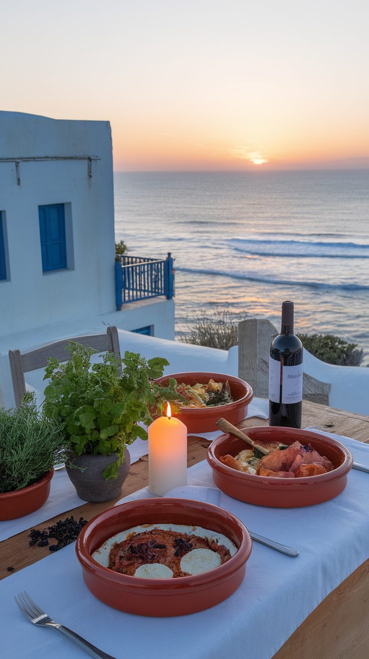 A beautifully set table for alfresco dining with Mediterranean dishes, a candle, and a bottle of wine, featuring a sea view at sunset.