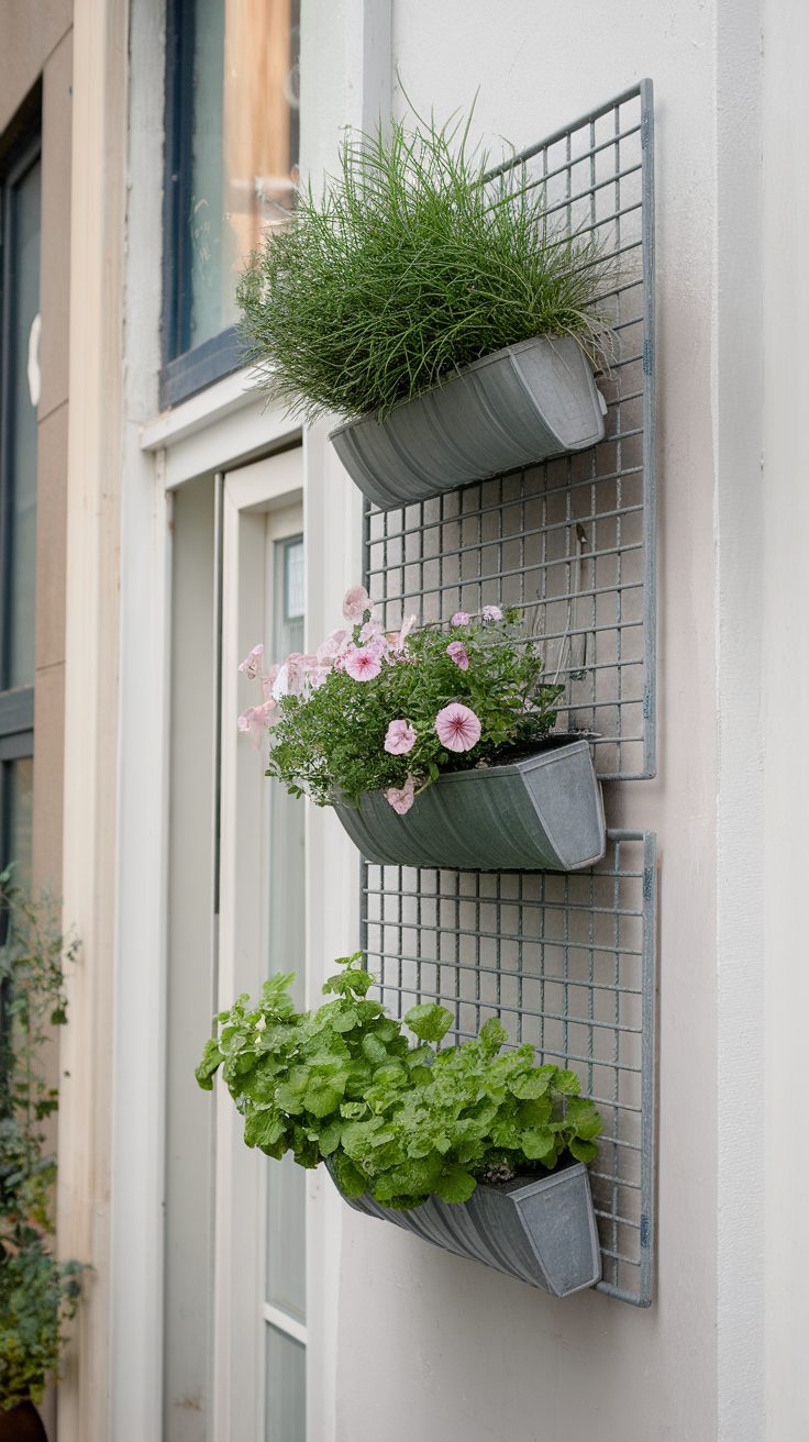 Wall-mounted metal grate planters with flowers and herbs.