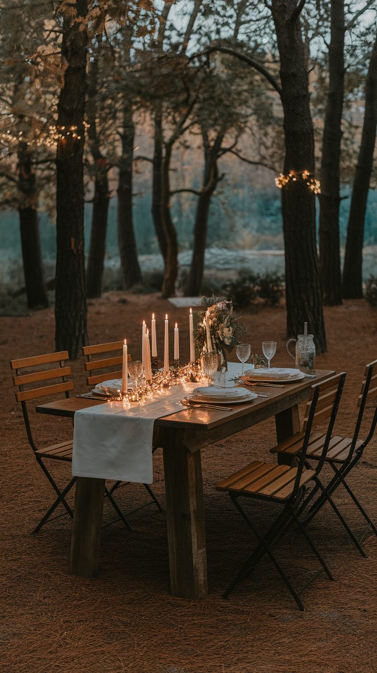 A beautifully set dinner table in the forest with candles and lanterns.