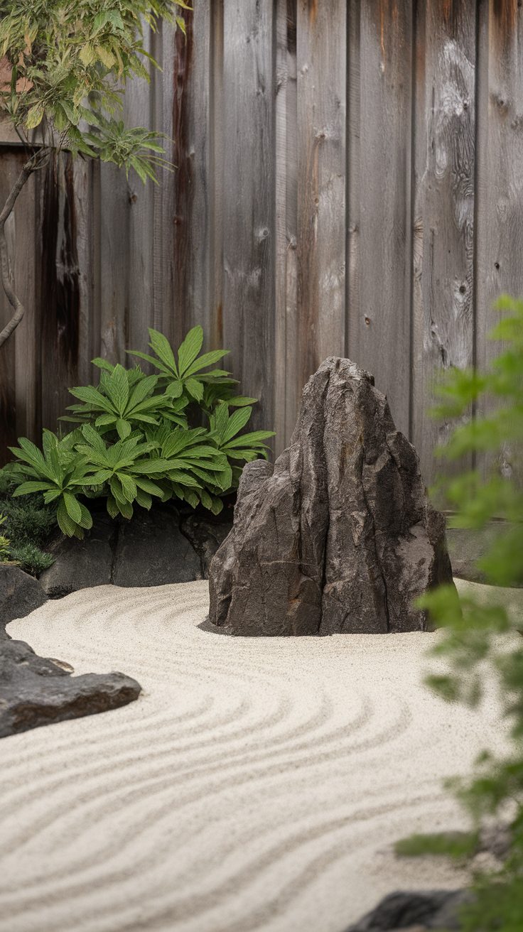 A serene miniature Zen garden featuring sand patterns, a rock formation, and lush green plants.