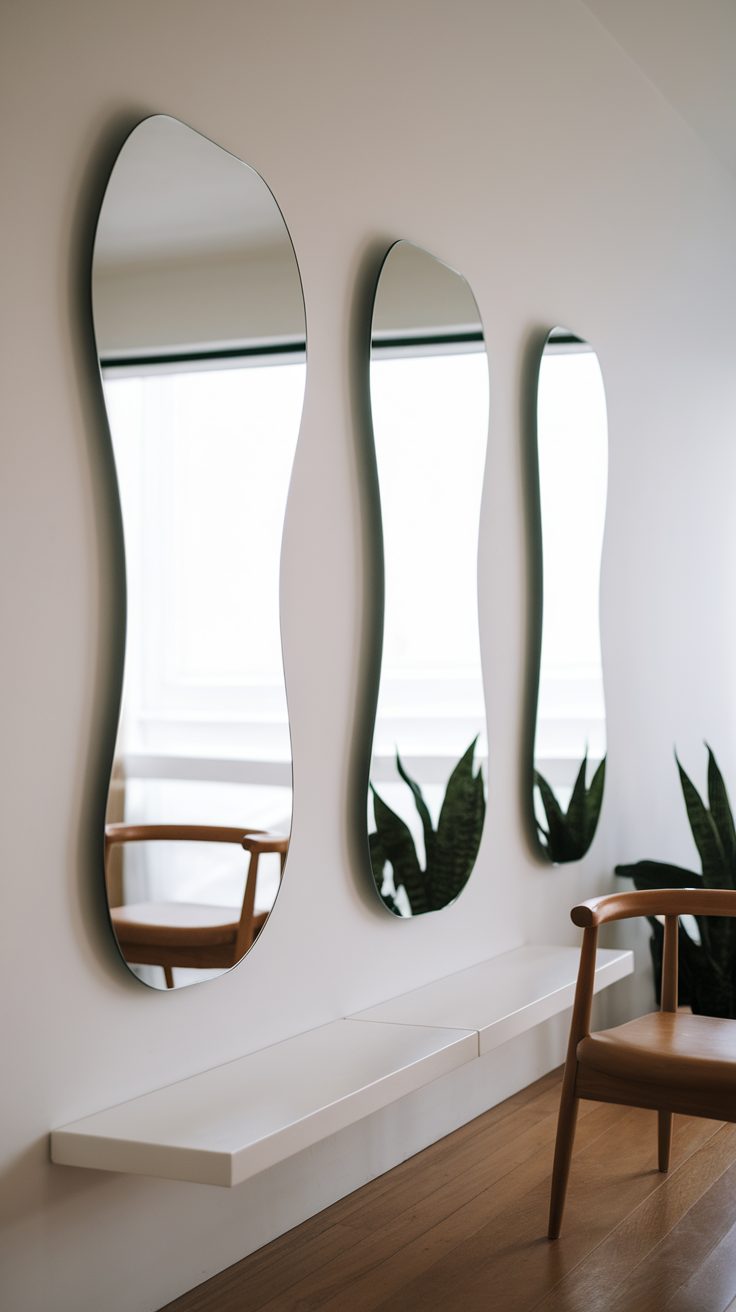 A minimalist interior featuring a tall mirror, wooden stool, and a potted plant.