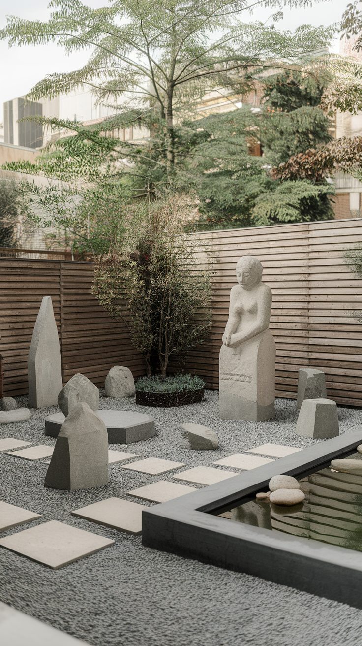 A serene minimalist garden with stone sculptures, gravel, and a small pond.