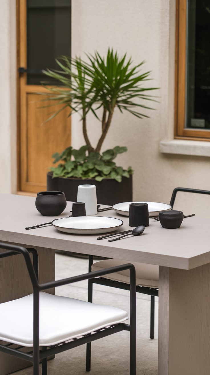 Minimalist modern outdoor table set with black tableware and potted plants.