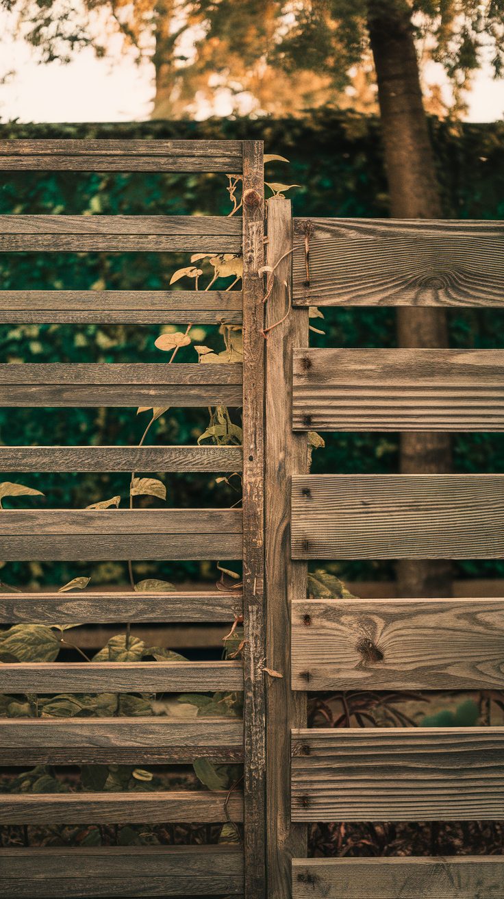 Wooden dividers with vines growing through them in a garden setting