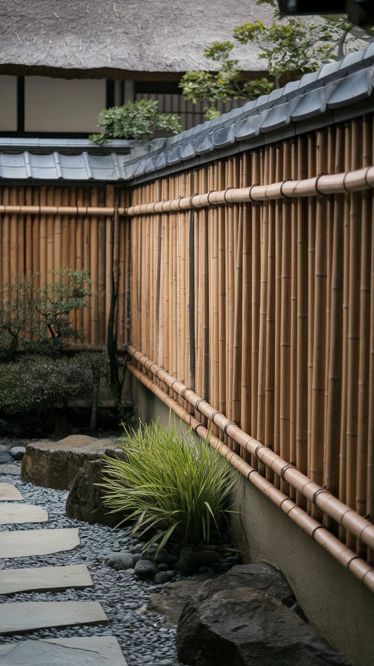 Natural bamboo fencing in a serene Japanese garden setting