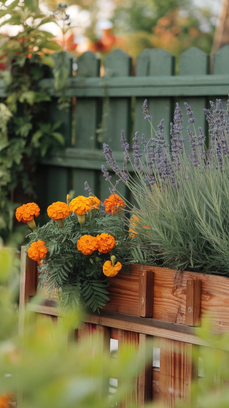 A vibrant garden with marigolds and lavender growing beside a wooden divider.