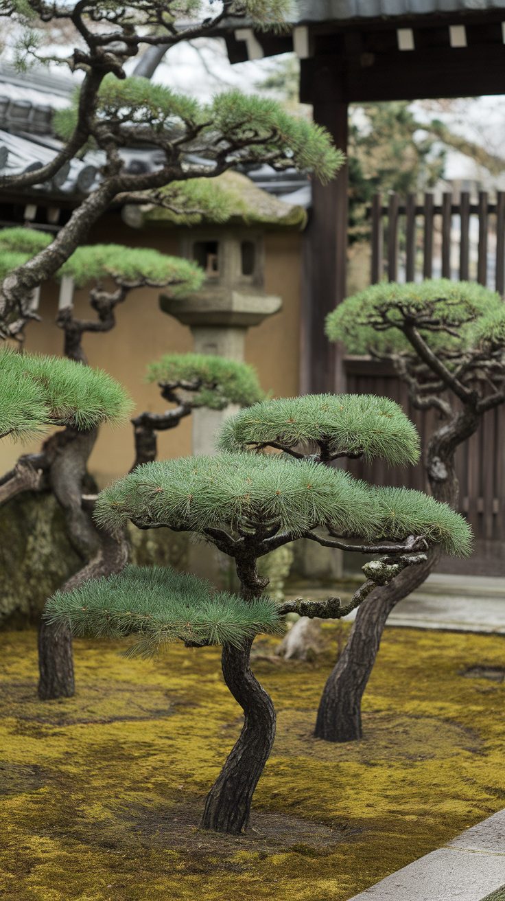 Ornamental pine trees in a serene Japanese garden.