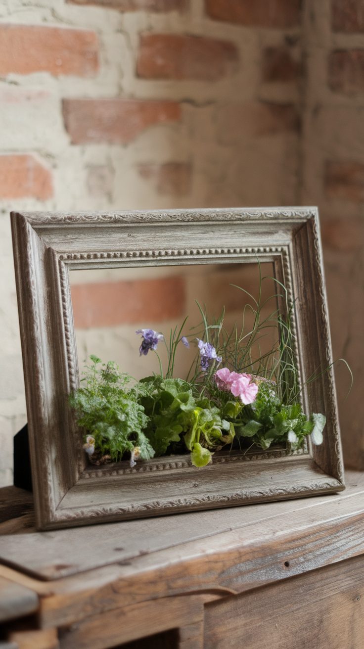 A vintage picture frame holding various flowers and herbs as a planter.