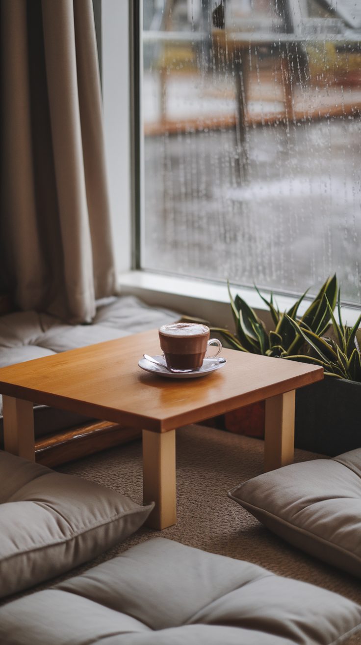 A cozy setup with a small wooden table, a cup of warm drink, and comfortable cushions by a rainy window.