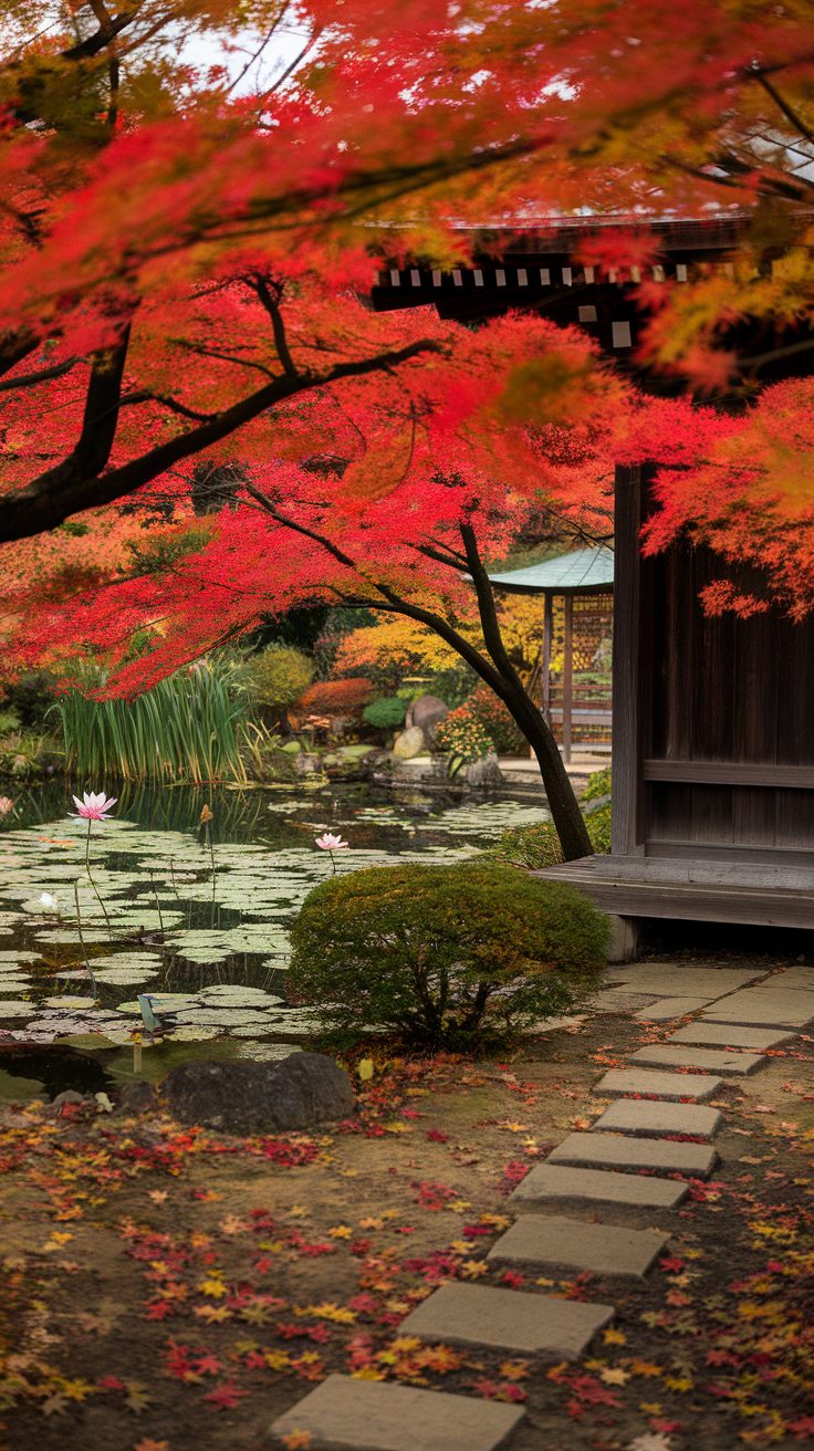 A beautiful autumn scene featuring red maple trees surrounding a tranquil pond in a Japanese garden.