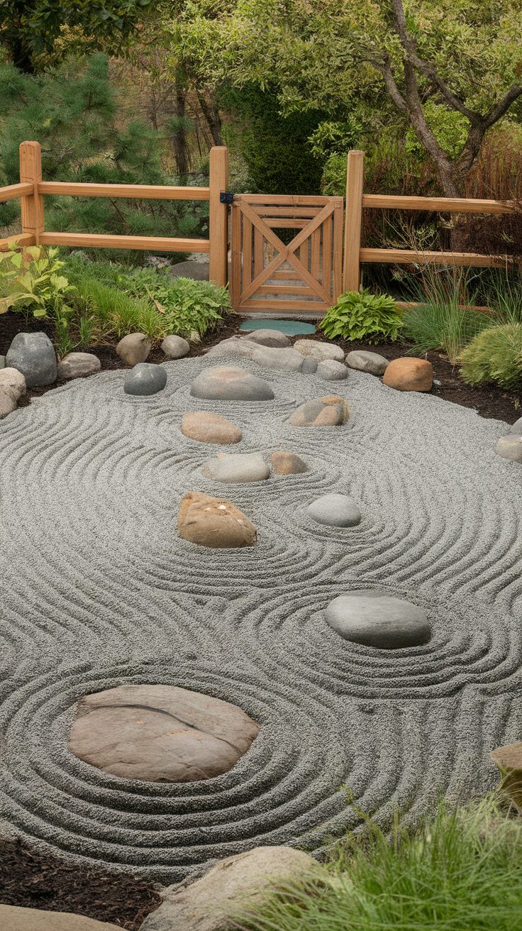 A tranquil rock garden featuring raked gravel patterns and smooth stones, surrounded by lush greenery.