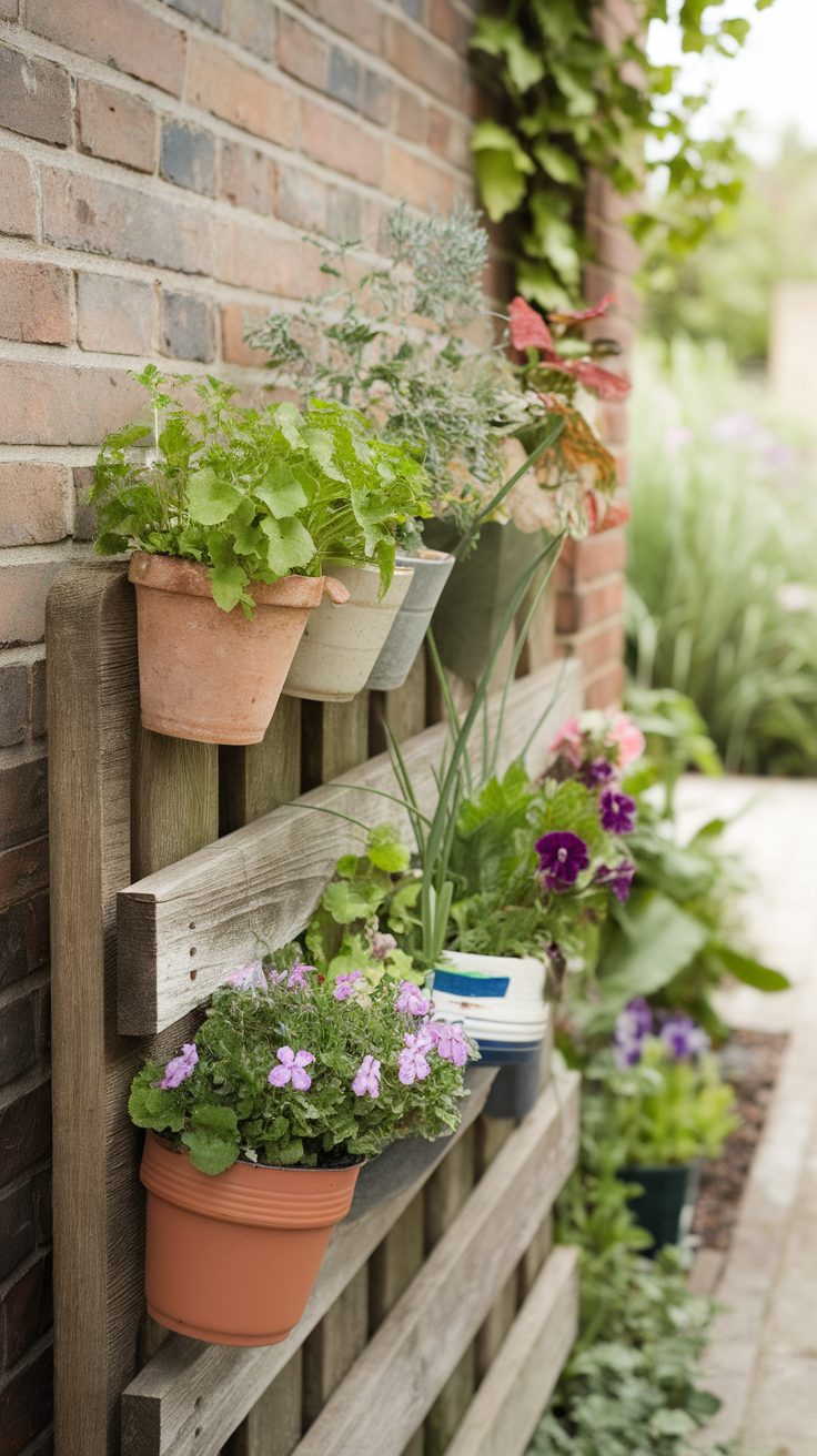 Rustic fence rail planters with various pots holding herbs and flowers.