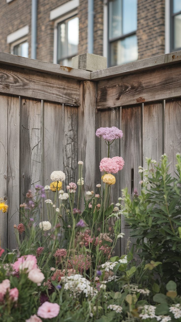 A corner garden with rustic wooden fencing and colorful flowers.